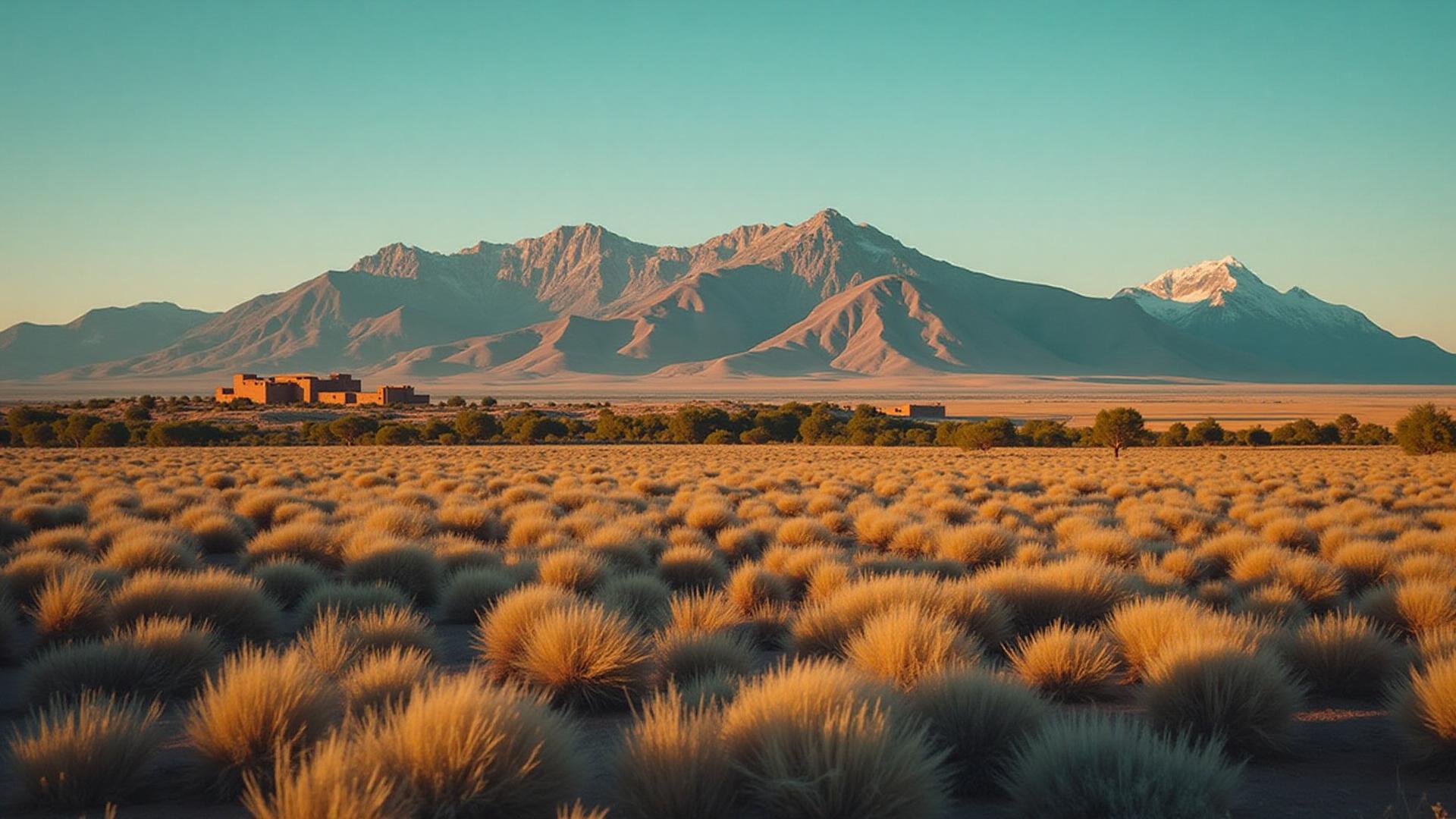 New Mexico high desert landscape with adobe architecture and mountains