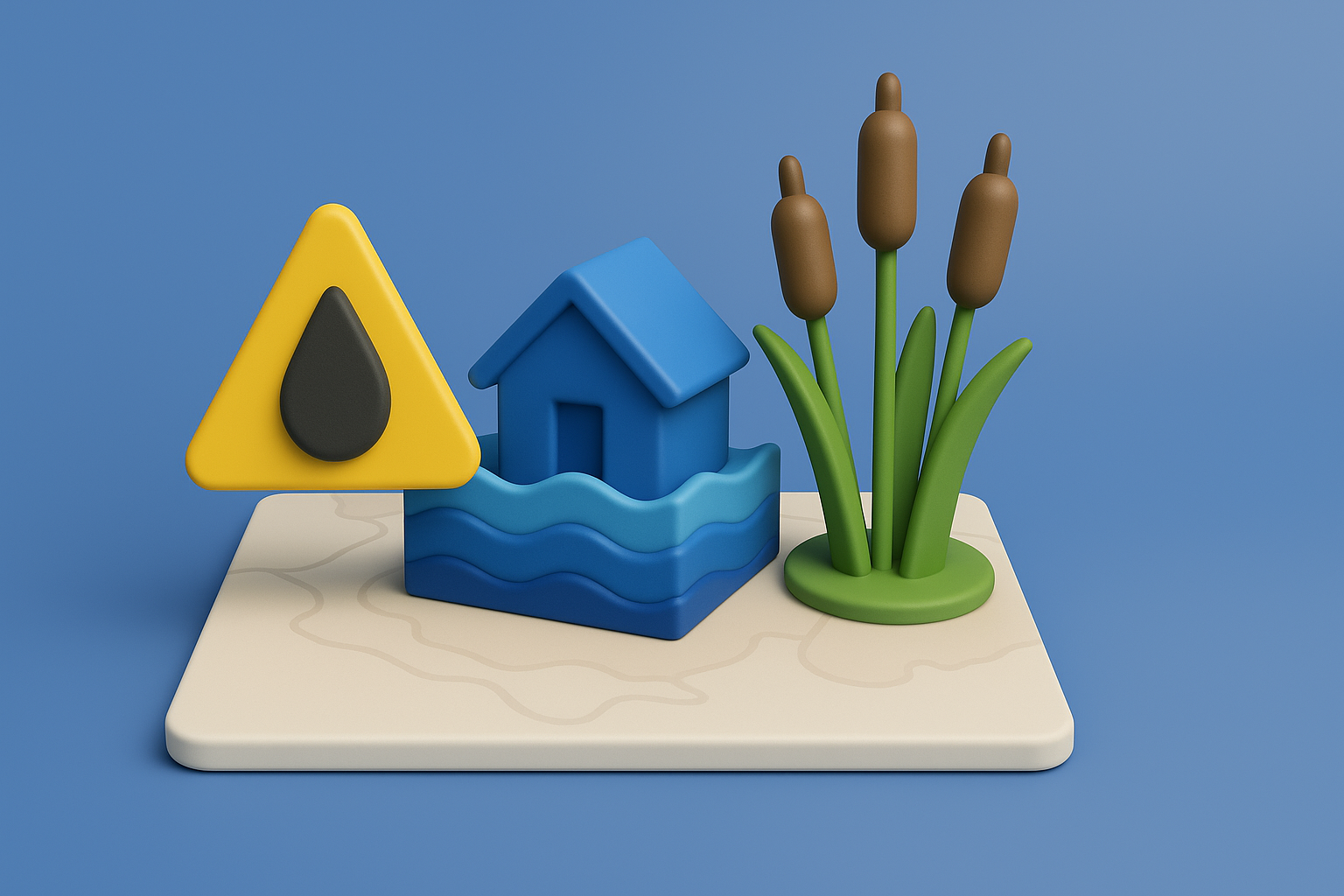 3D illustration showing flood zone warning sign, house with water, and wetland plants on a platform