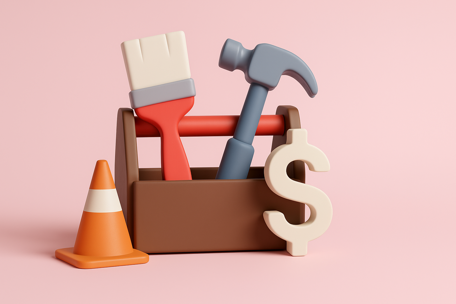 3D illustration showing toolbox with paintbrush, hammer, traffic cone and dollar sign representing low-cost high-impact preparation tools