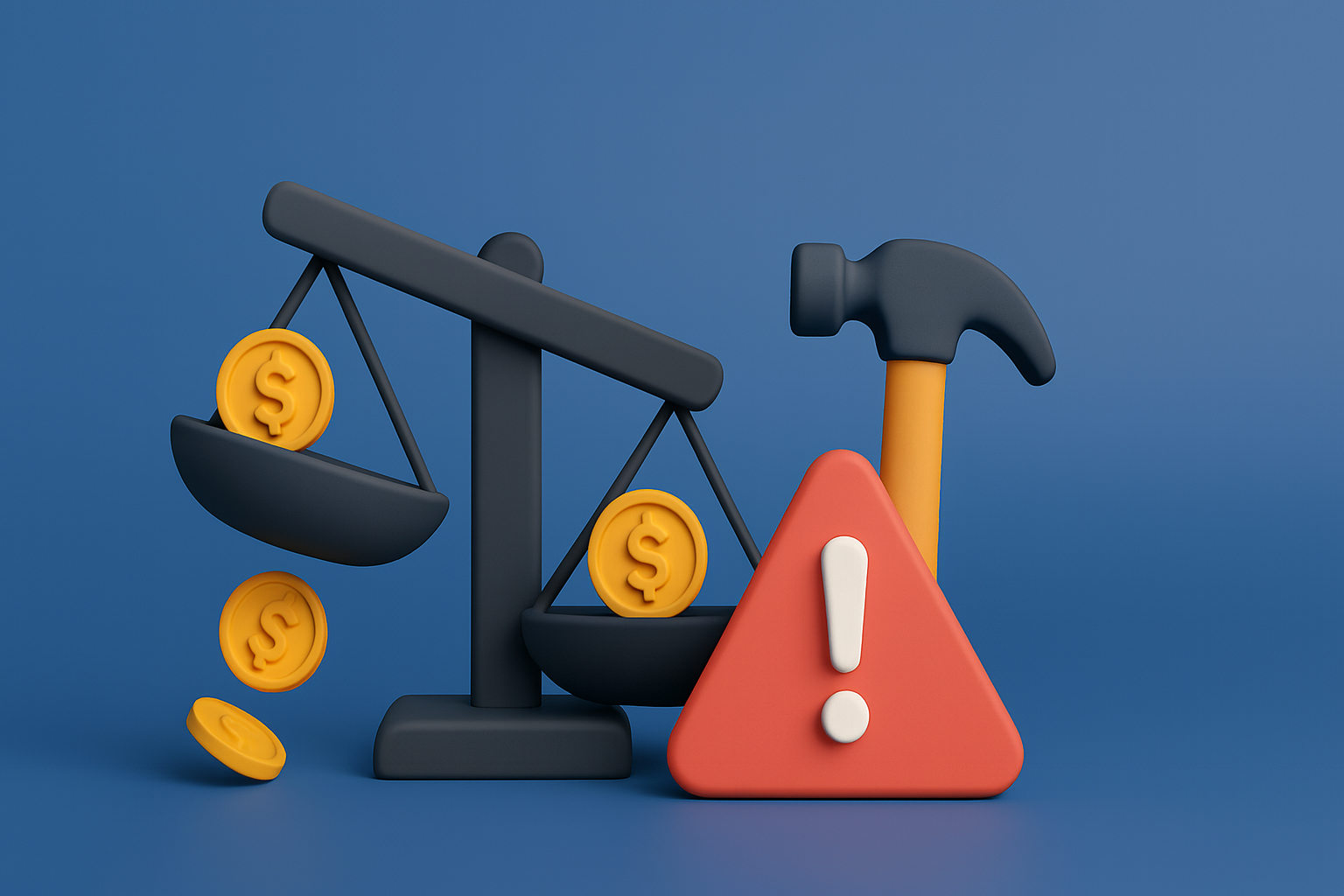 3D illustration showing balance scale with dollar coins, hammer and warning triangle representing cost vs return analysis