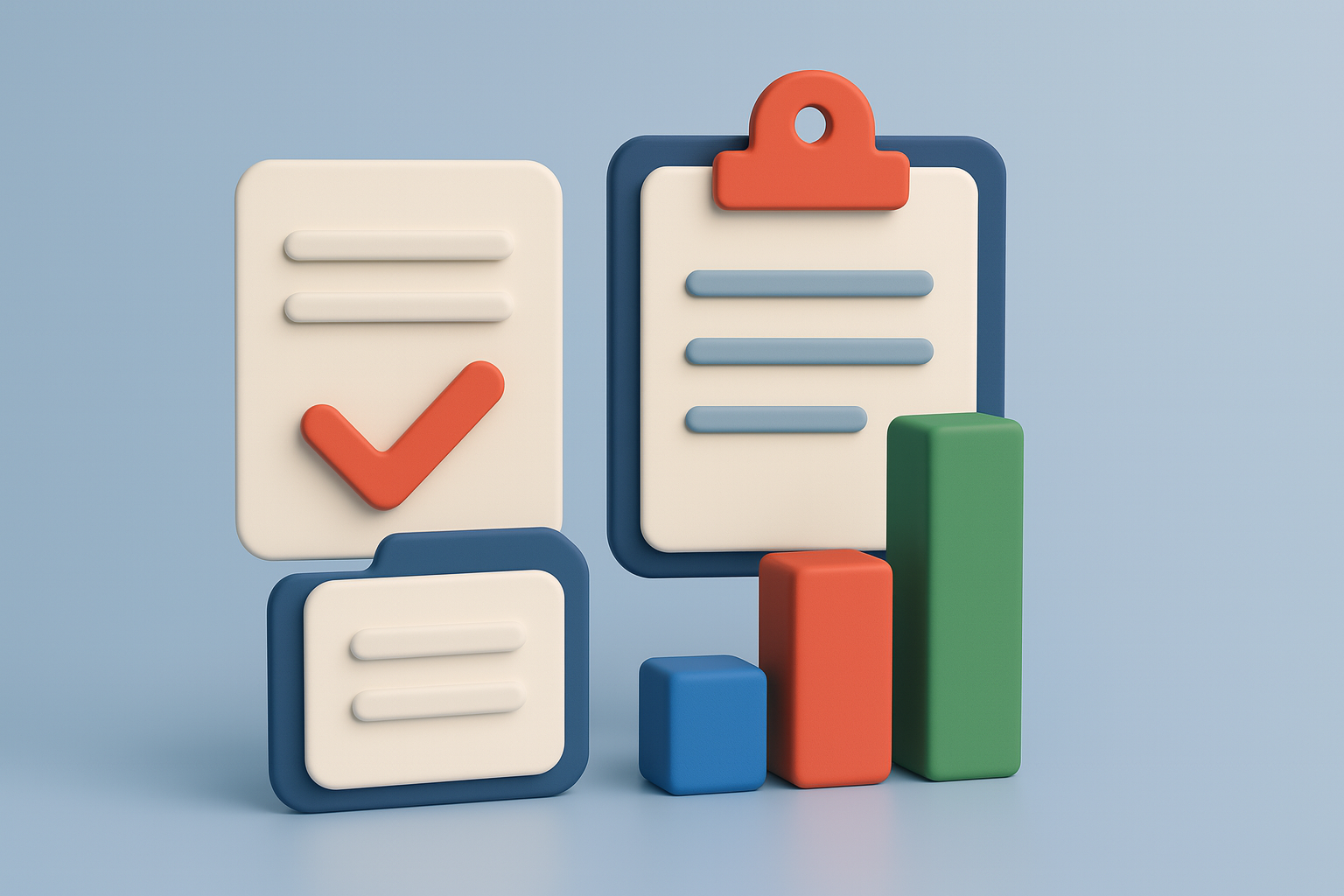3D illustration showing clipboards with checkmarks and bar charts representing surveys and reports evaluation