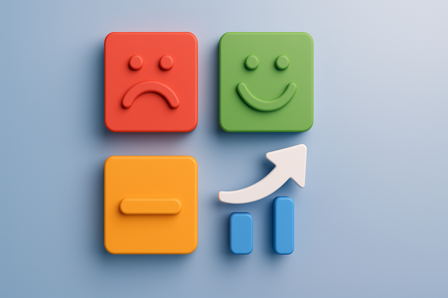 3D illustration showing transformation from negative to positive with sad face turning to happy face and upward growth arrow