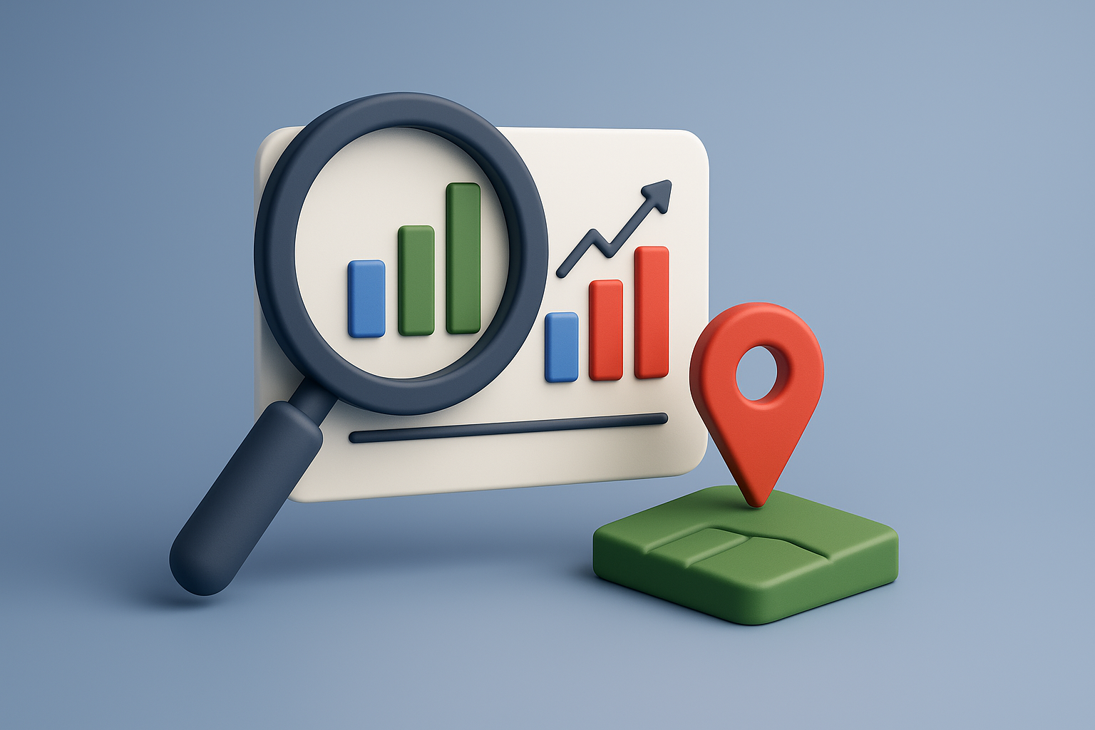 3D illustration showing magnifying glass over charts and graphs with location pin, representing land sales research and market analysis