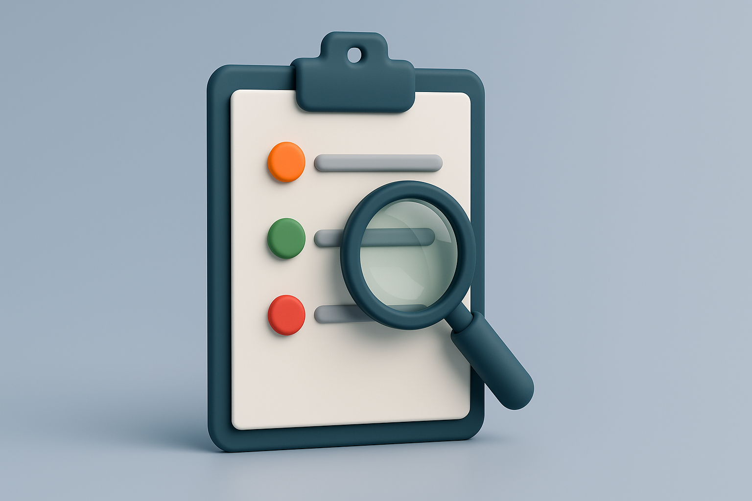 3D illustration showing clipboard with checklist and magnifying glass, representing detailed comparable sales analysis and adjustments