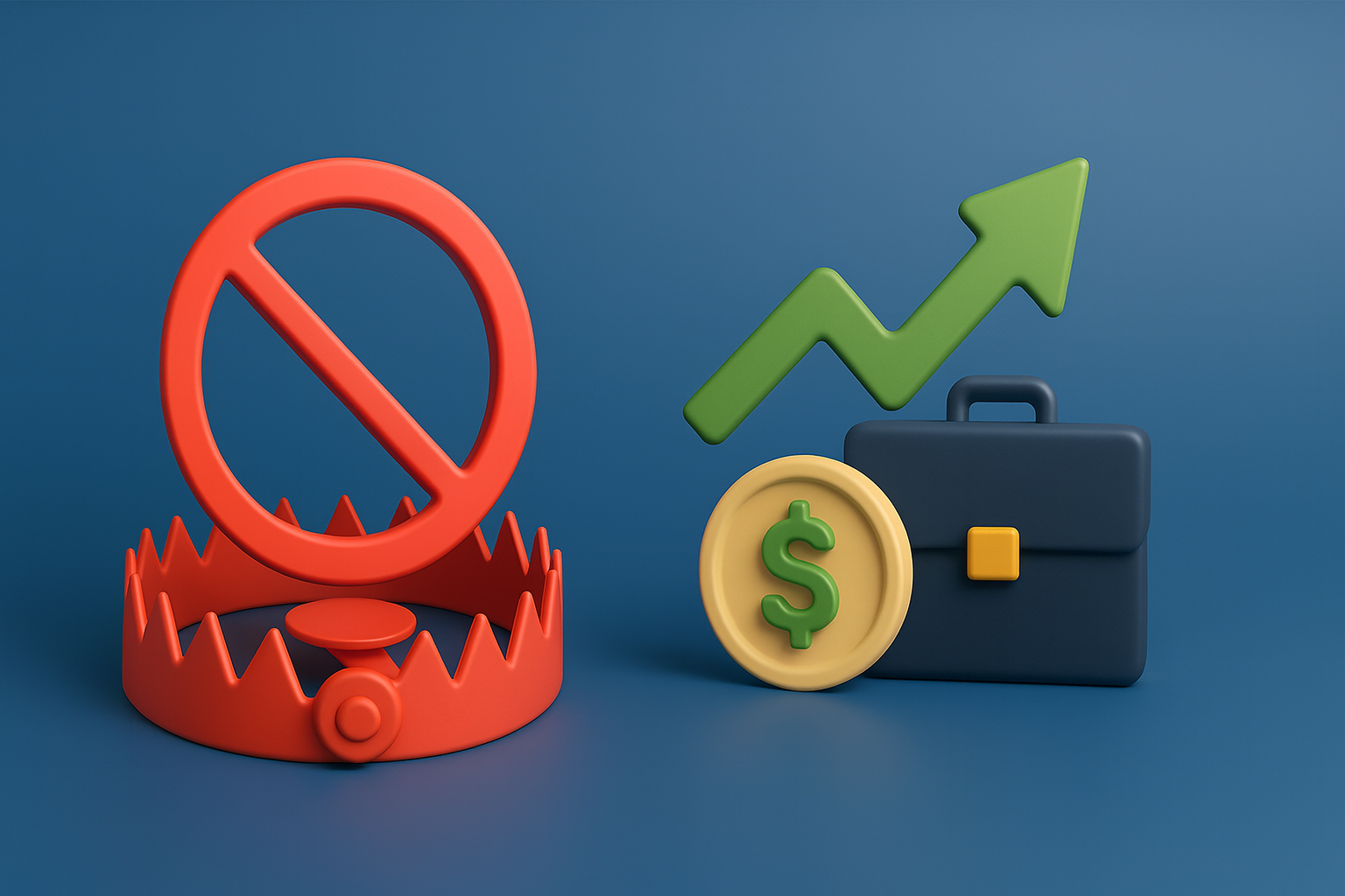 Red warning trap with green growth arrow and briefcase representing investor trap avoidance