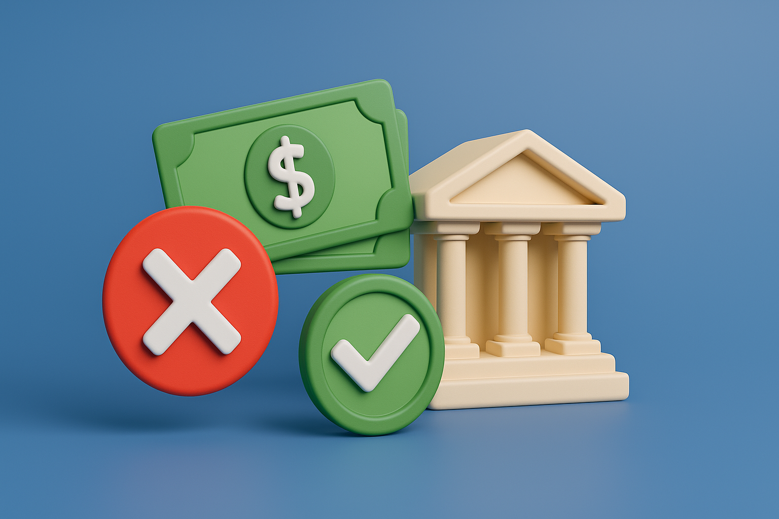 Bank building with green money and checkmark representing lender advantage for land deals