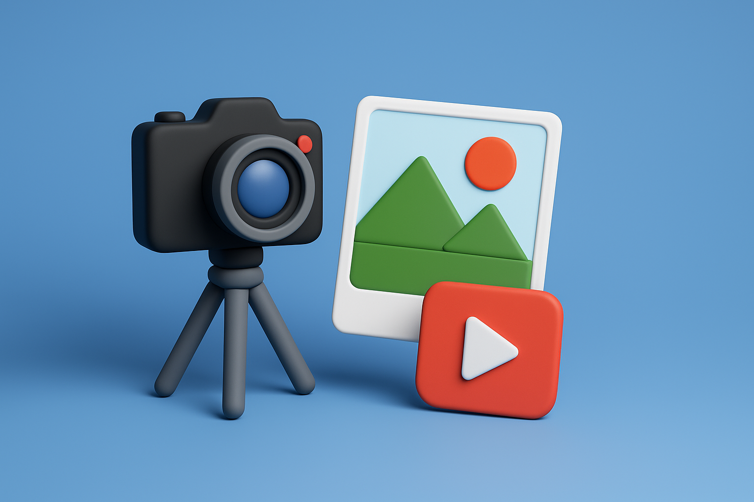 Professional camera on tripod with landscape photo and video play button showing ground-level photography concept