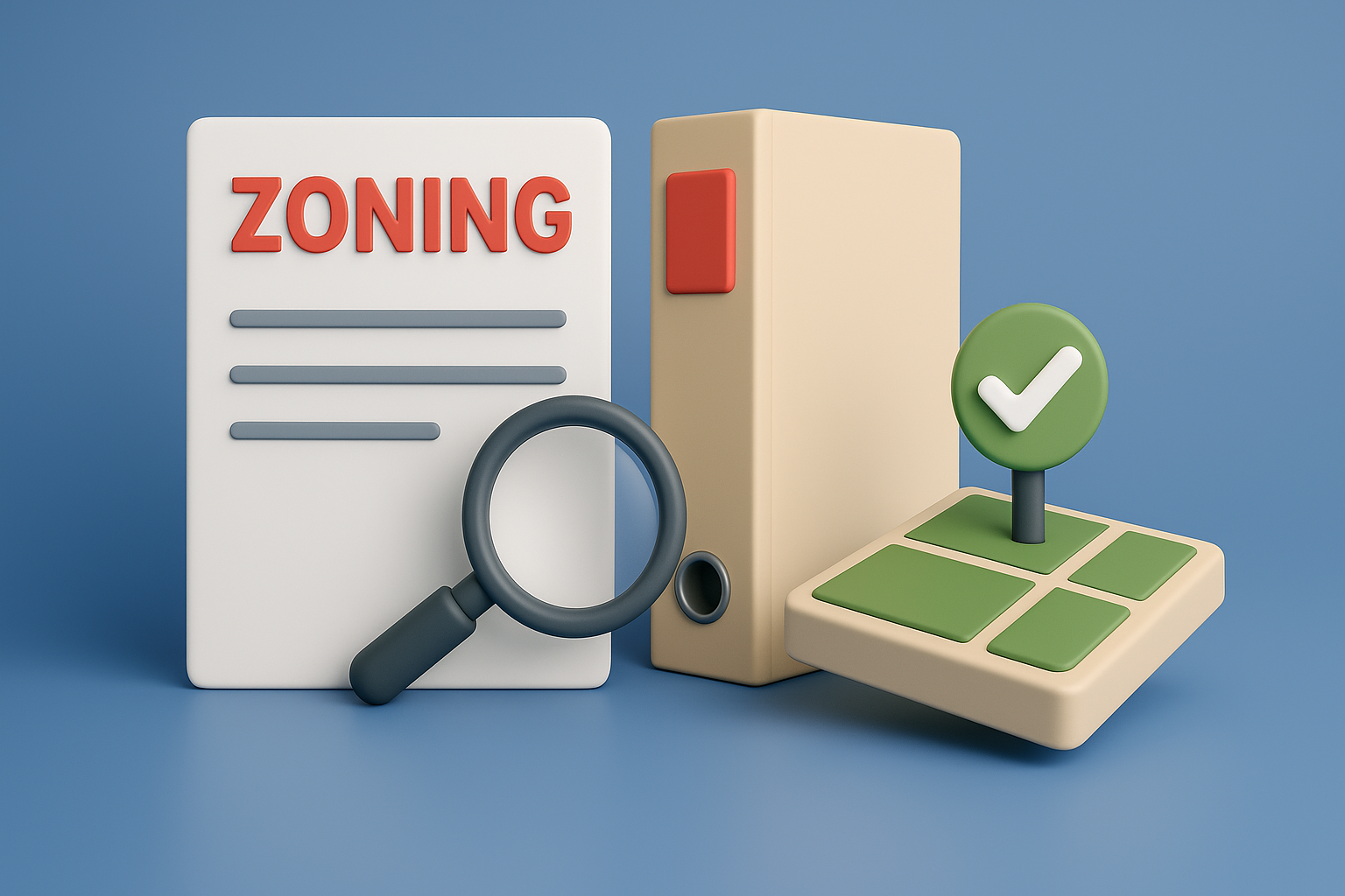 Zoning research tools including documents, magnifying glass, and checkmarks showing zoning research concept